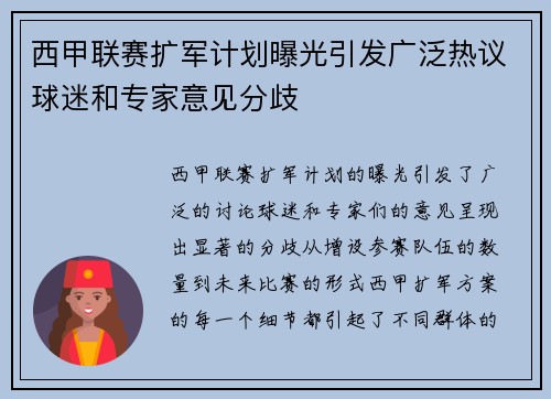 西甲联赛扩军计划曝光引发广泛热议球迷和专家意见分歧