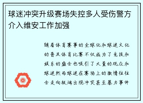 球迷冲突升级赛场失控多人受伤警方介入维安工作加强
