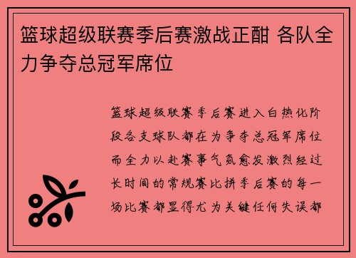 篮球超级联赛季后赛激战正酣 各队全力争夺总冠军席位